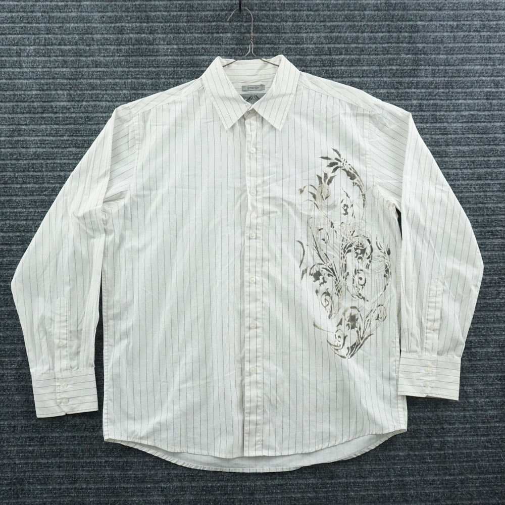 Bruno New York‎ Button Down Shirt L White Pinstripe Graphic Stretch Long Sleeve